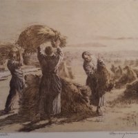 Keresztrakók / Making a stook (színezett rézkarc, 1950-es évek / etching, water-colour, 1950s)
