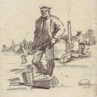Orosz hadifogoly tüzelőt hasít a gulyáságyúhoz (Kissitke, orosz hadifogolytábor, 1915) / Russian POW splitting firewood for a field kitchen (Kissitke, Hungary, Russian POW camp, 1915)